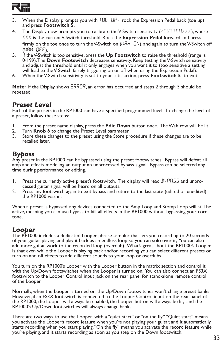 Preset level bypass looper, Preset level, Bypass | Looper | DigiTech RP1000 User Manual | Page 37 / 56