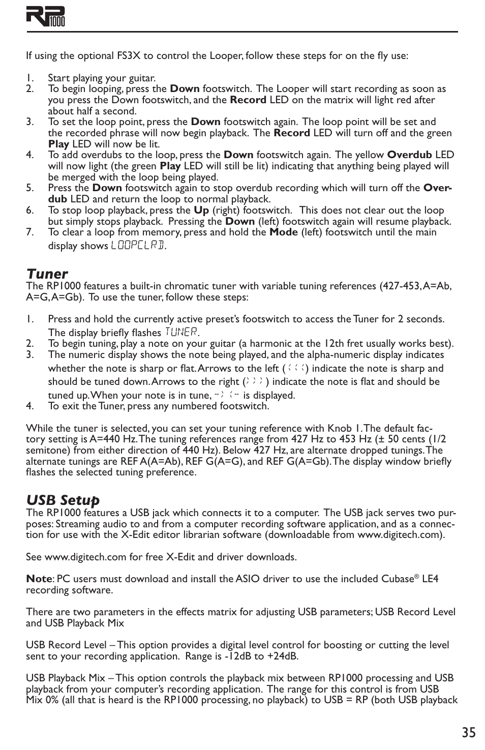 Tuner usb setup, Tuner, Usb setup | DigiTech RP1000 User Manual | Page 39 / 56