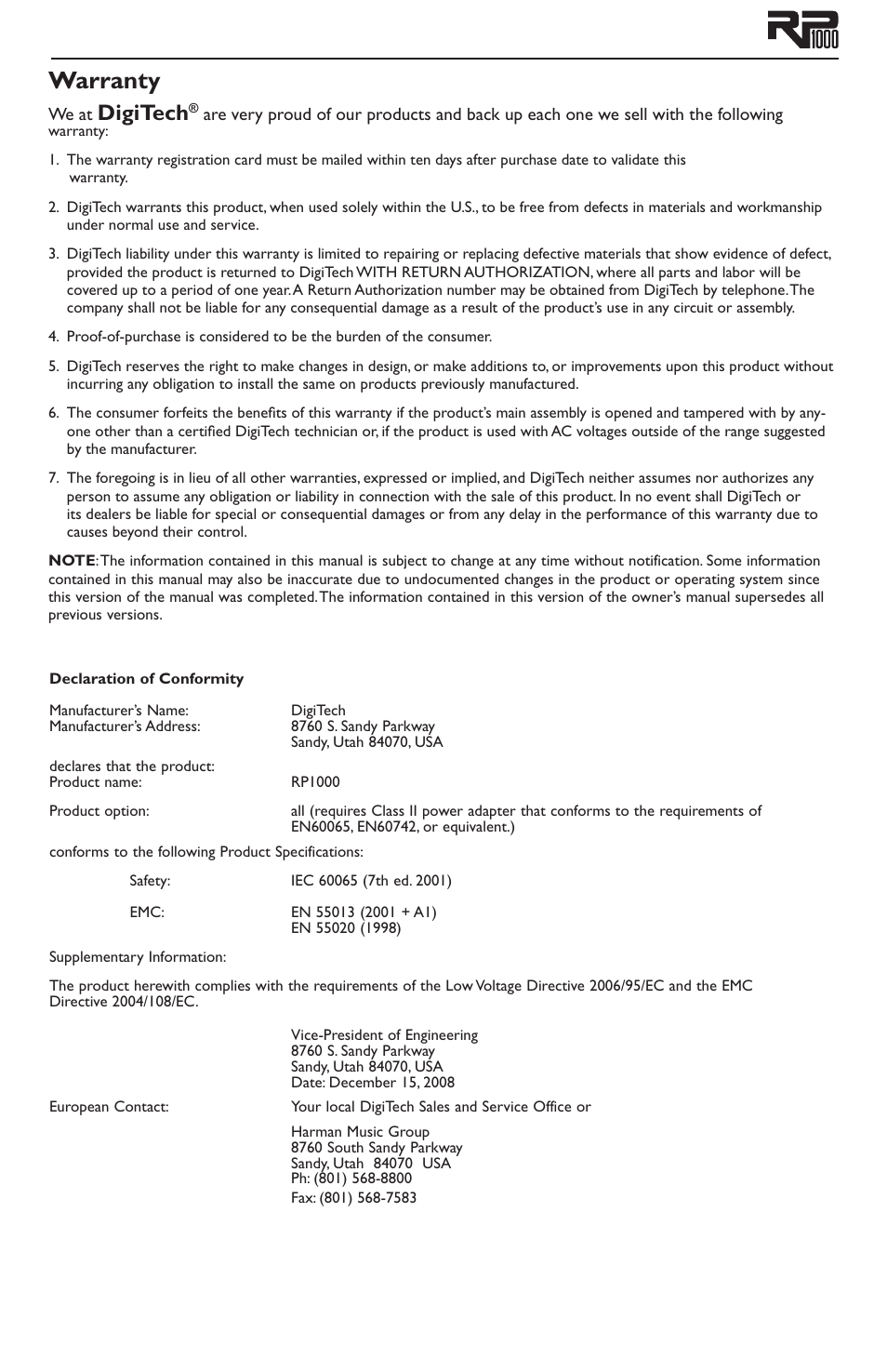 Warranty, Digitech | DigiTech RP1000 User Manual | Page 4 / 56