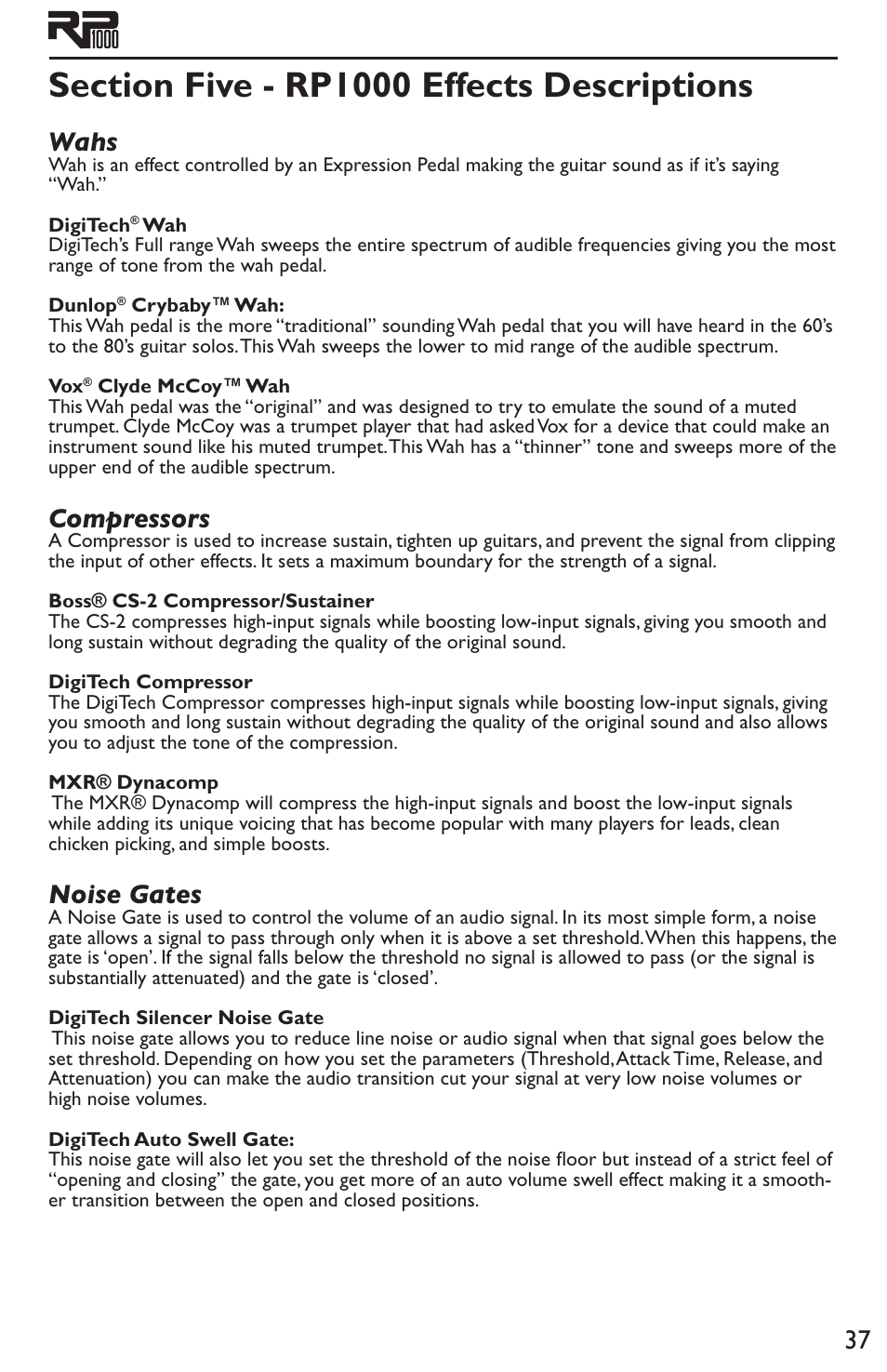 Section five - rp1000 effects, Descriptions, Wahs compressors noise gates | Wahs, Compressors, Noise gates | DigiTech RP1000 User Manual | Page 41 / 56