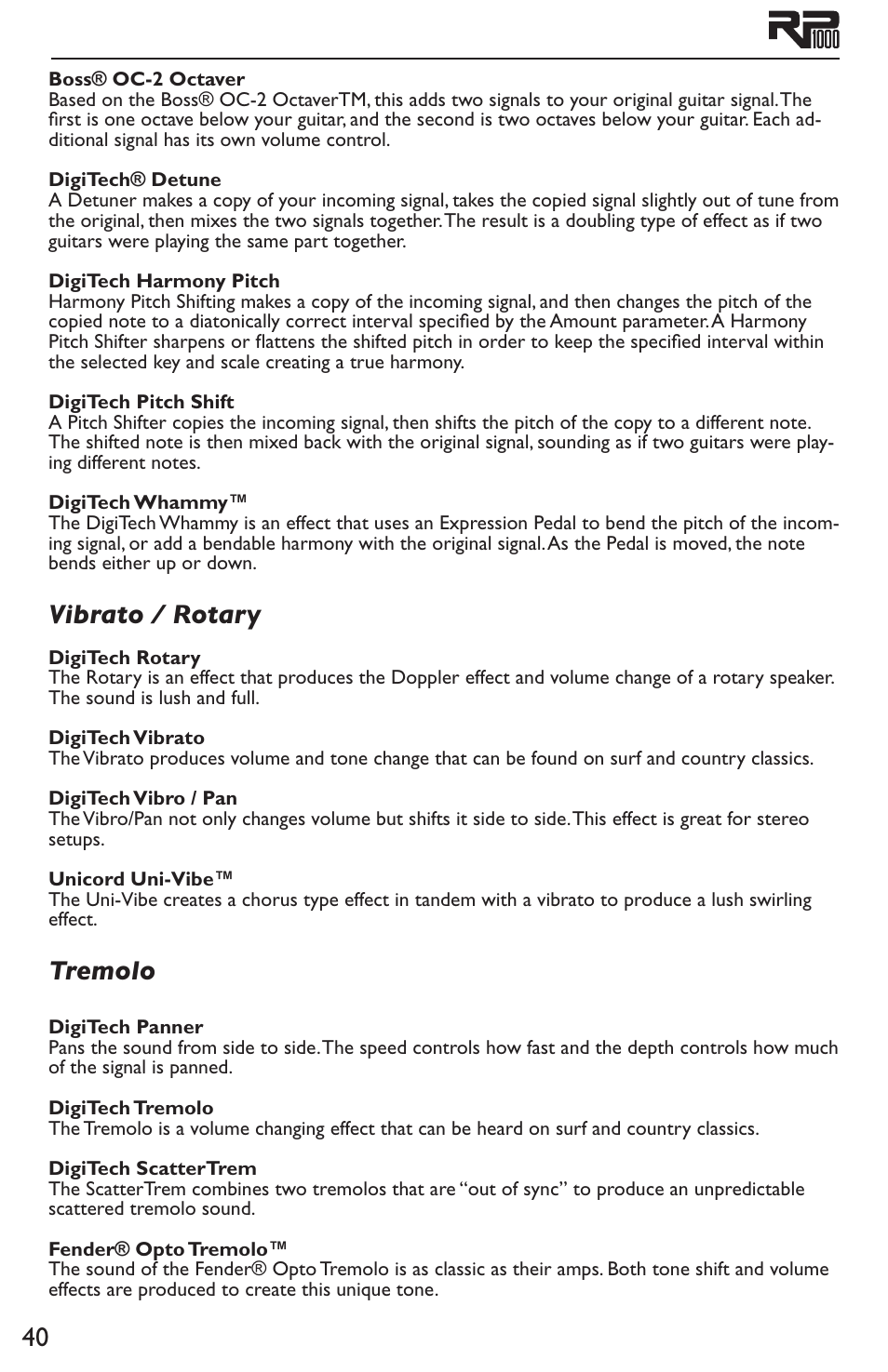 Vibrato / rotary tremolo, Vibrato / rotary, Tremolo | DigiTech RP1000 User Manual | Page 44 / 56