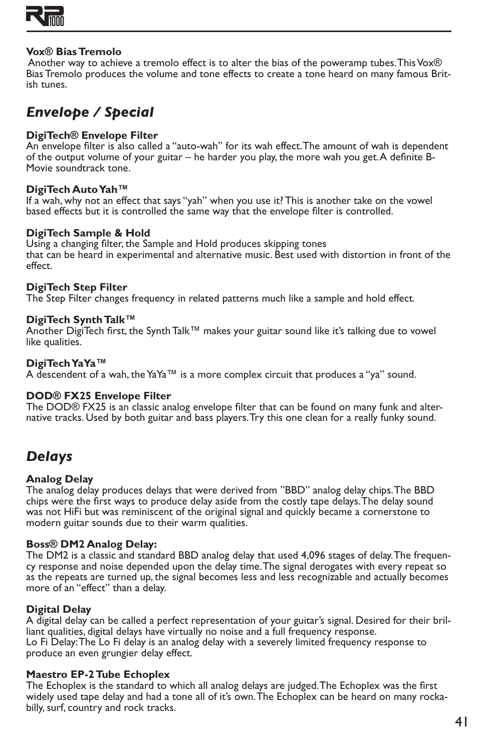 Envelope / special delays, Envelope / special, Delays | DigiTech RP1000 User Manual | Page 45 / 56