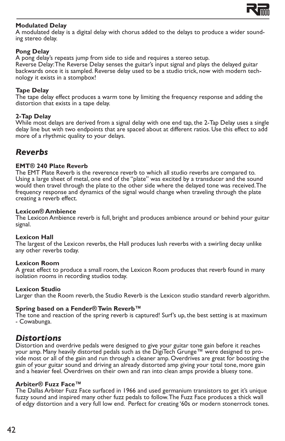 Reverbs distortions, Reverbs, Distortions | DigiTech RP1000 User Manual | Page 46 / 56