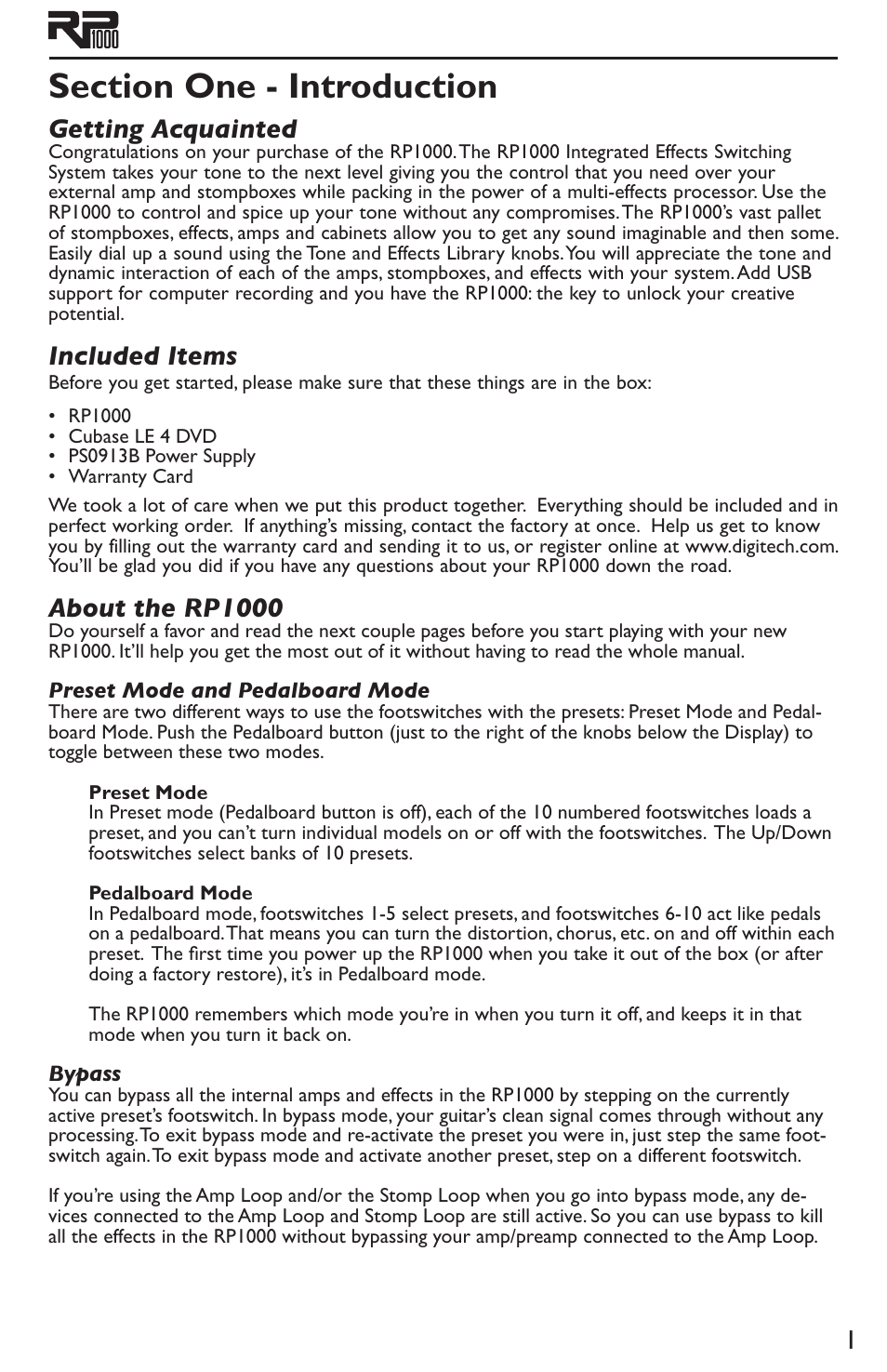 Section one - introduction, Getting acquainted included items about the rp1000, Preset mode and pedalboard mode bypass | Getting acquainted, Included items, About the rp1000 | DigiTech RP1000 User Manual | Page 5 / 56