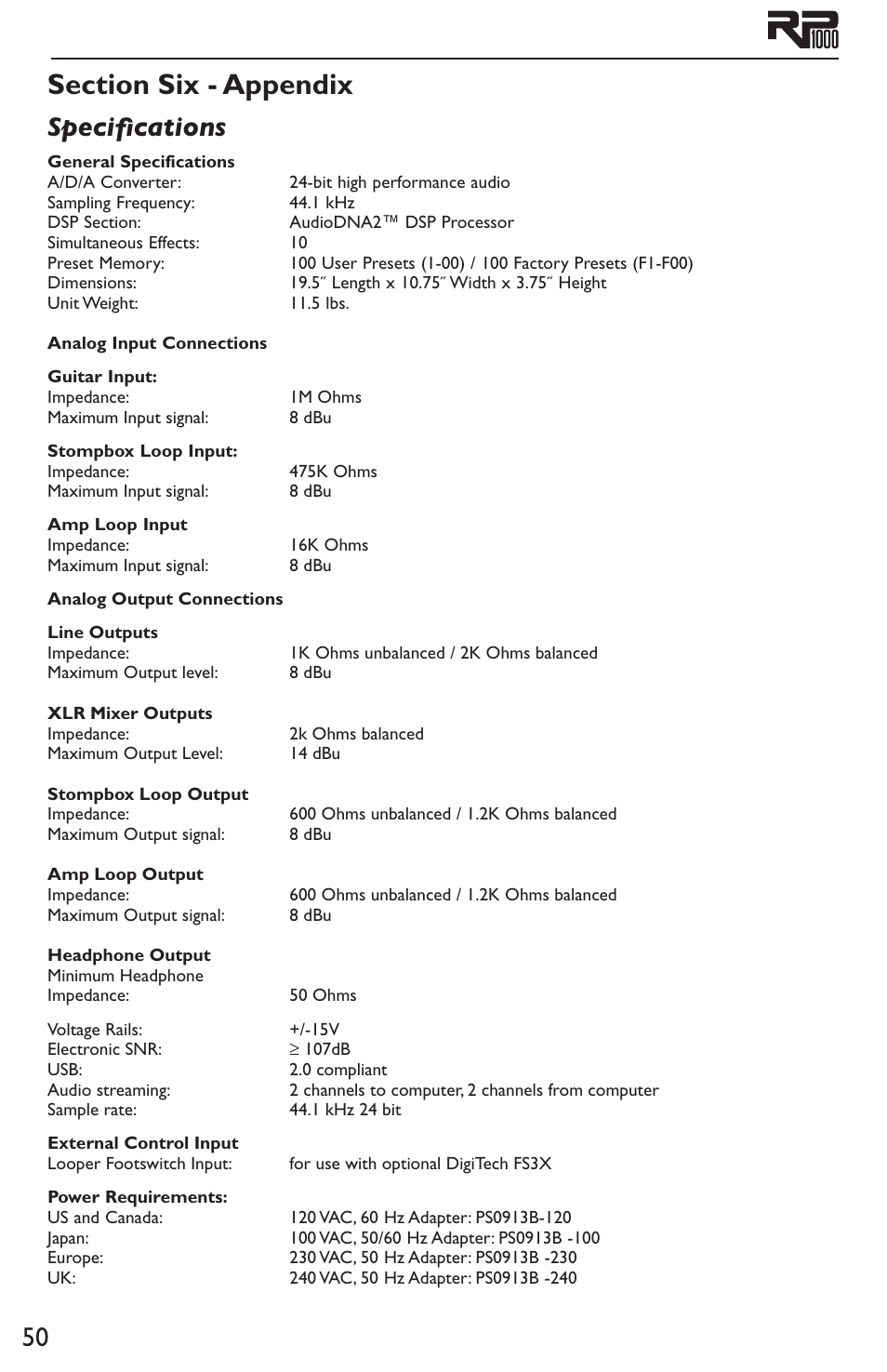 Section six - appendix, Specifications | DigiTech RP1000 User Manual | Page 54 / 56