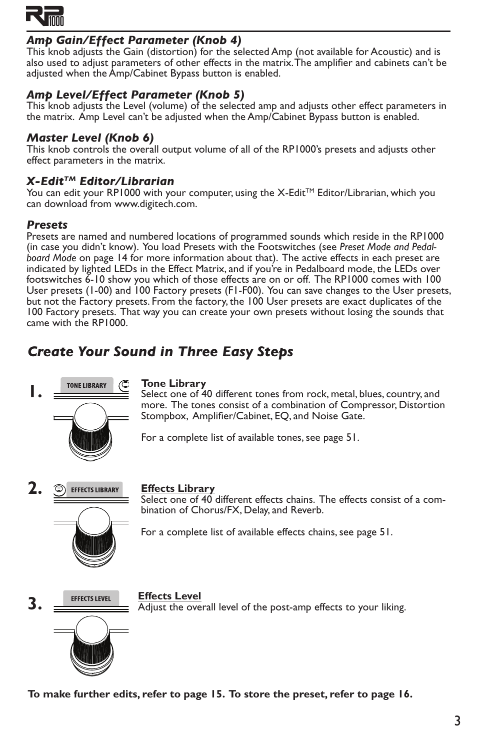 Editor/librarian, Presets, Create your sound in three easy steps | DigiTech RP1000 User Manual | Page 7 / 56