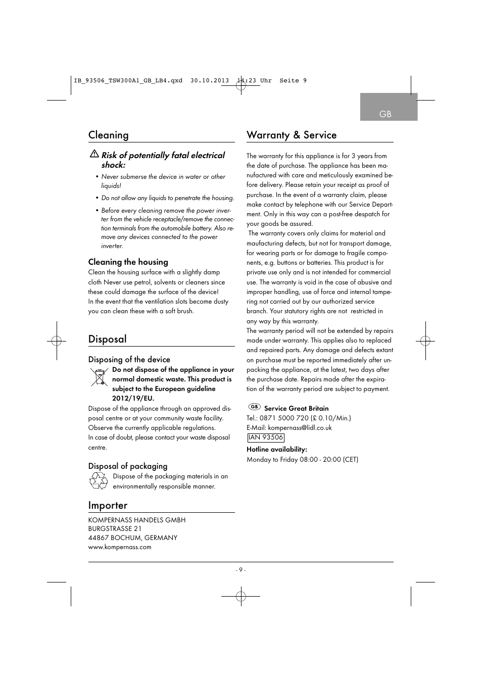 Cleaning, Disposal, Importer | Warranty & service | Tronic TSW 300 A1 User Manual | Page 12 / 53