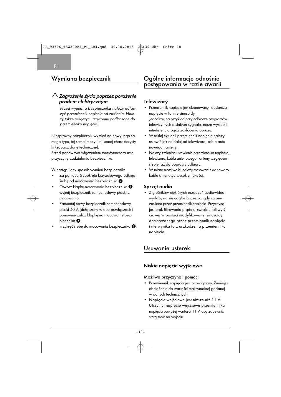 Wymiana bezpiecznik, Usuwanie usterek | Tronic TSW 300 A1 User Manual | Page 21 / 53