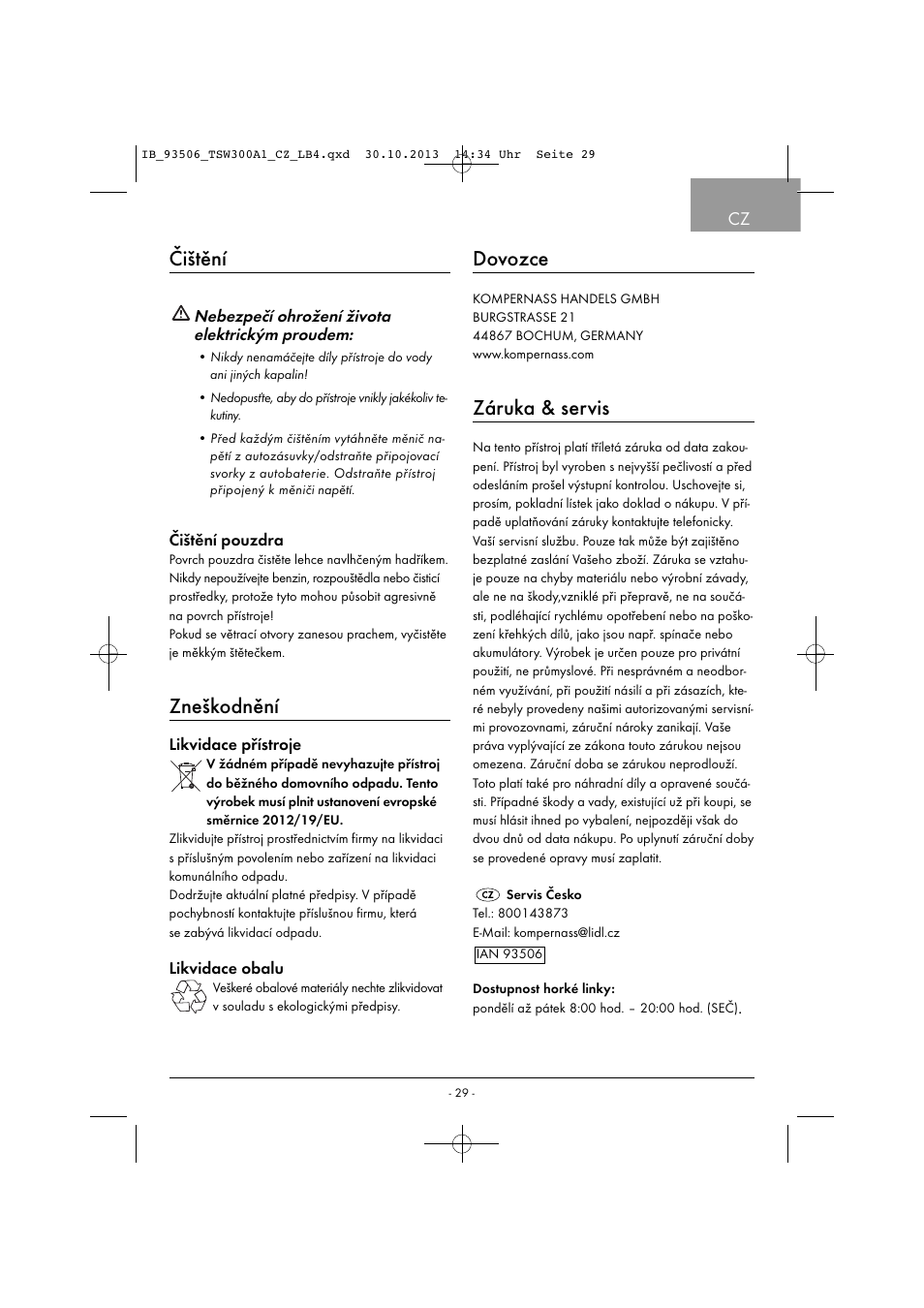 Čištění, Zneškodnění, Dovozce | Záruka & servis | Tronic TSW 300 A1 User Manual | Page 32 / 53