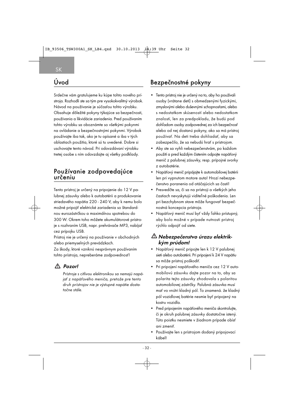 Úvod, Používanie zodpovedajúce určeniu, Bezpečnostné pokyny | Tronic TSW 300 A1 User Manual | Page 35 / 53