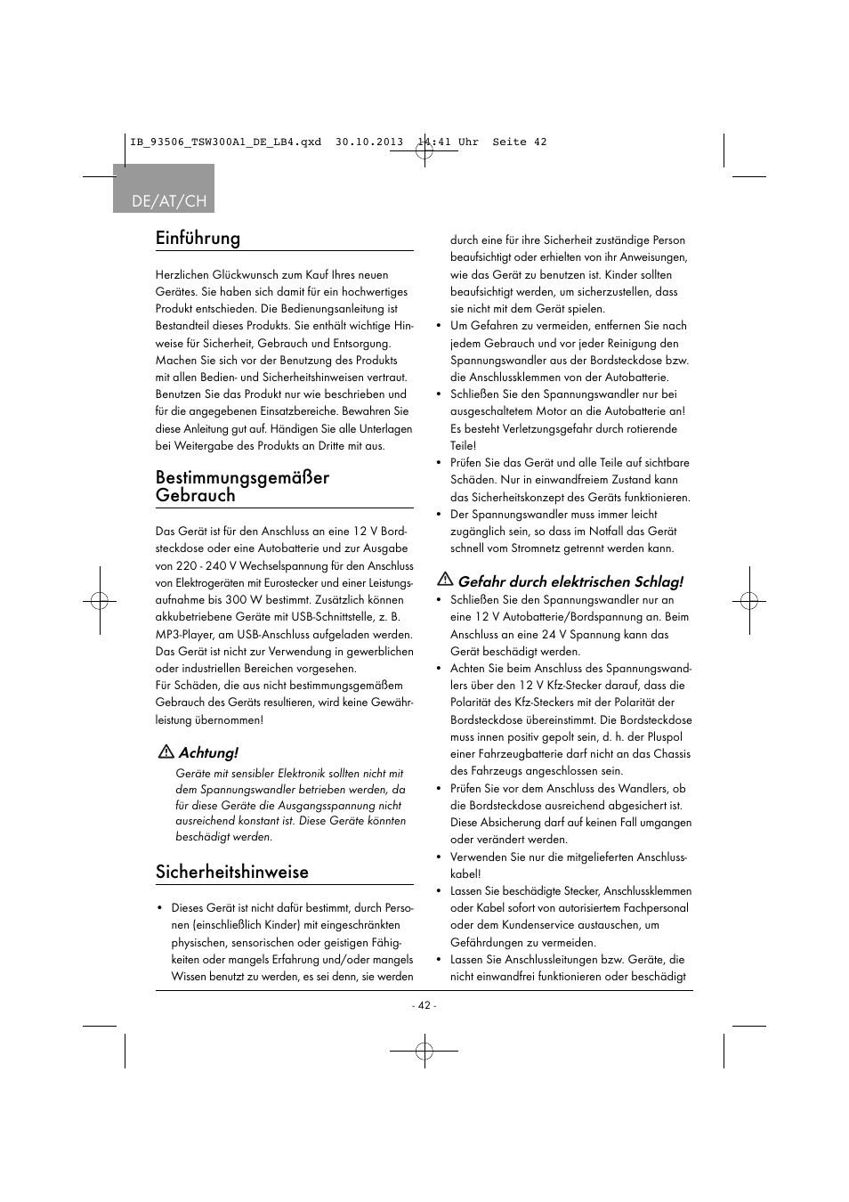 Einführung, Bestimmungsgemäßer gebrauch, Sicherheitshinweise | De/at/ch | Tronic TSW 300 A1 User Manual | Page 45 / 53