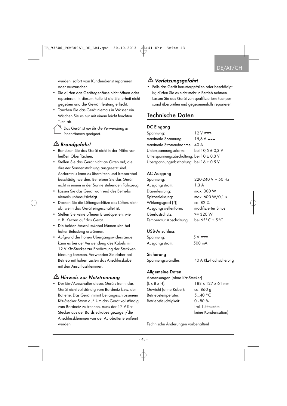 Technische daten, De/at/ch, Brandgefahr | Hinweis zur netztrennung, Verletzungsgefahr | Tronic TSW 300 A1 User Manual | Page 46 / 53