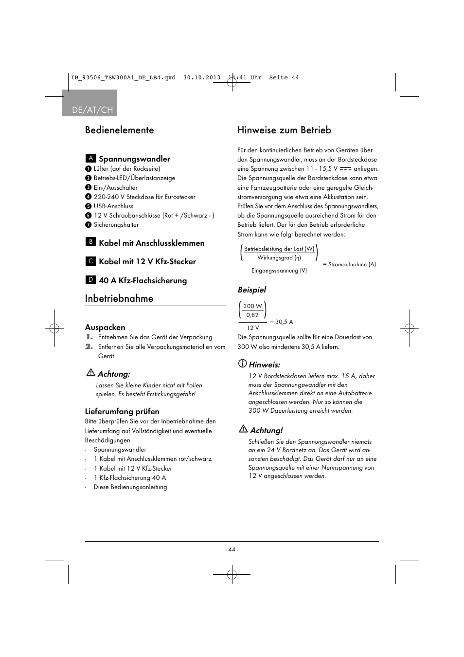 Bedienelemente, Inbetriebnahme, Hinweise zum betrieb | De/at/ch | Tronic TSW 300 A1 User Manual | Page 47 / 53