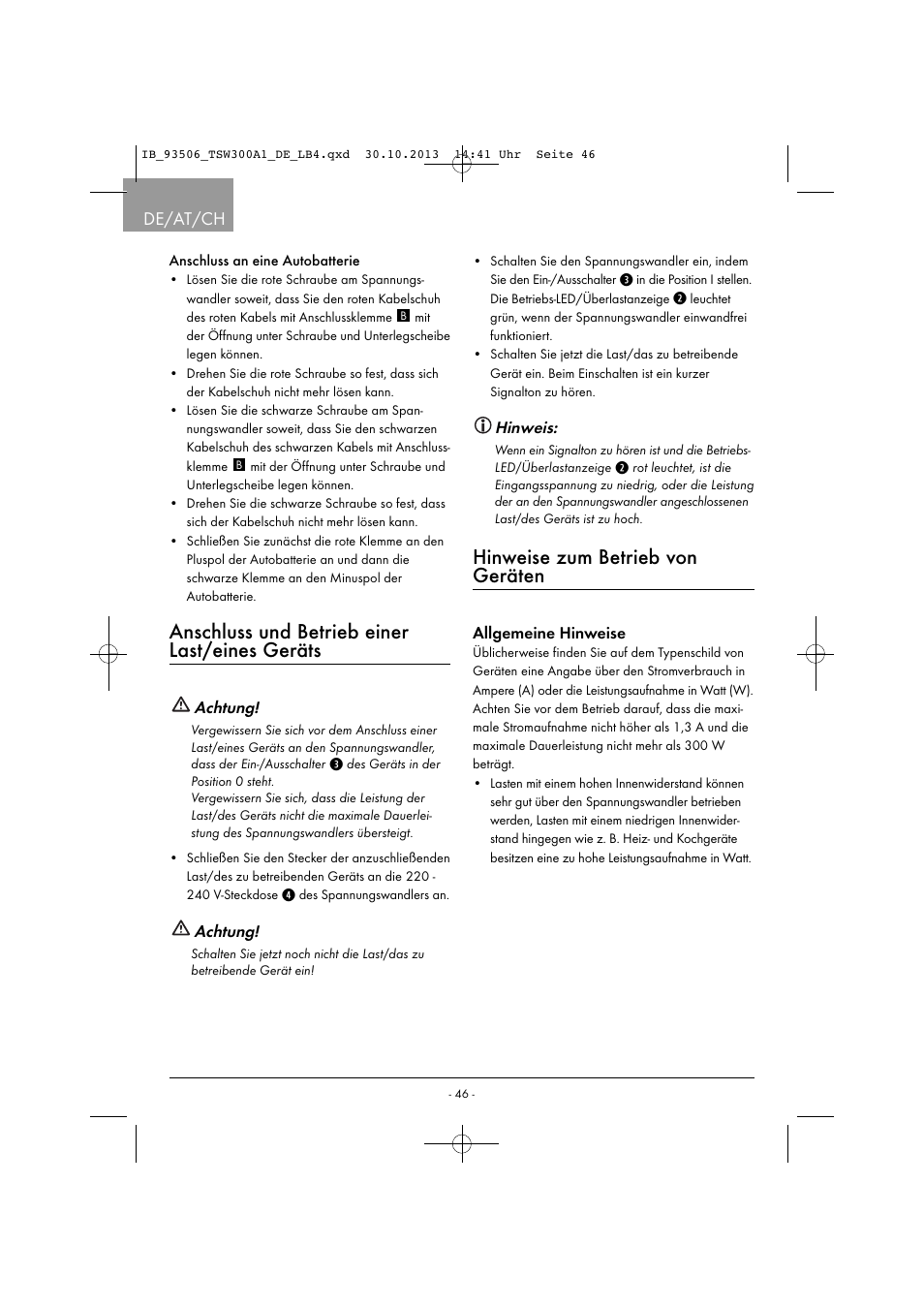 Anschluss und betrieb einer last/eines geräts, Hinweise zum betrieb von geräten, De/at/ch | Tronic TSW 300 A1 User Manual | Page 49 / 53