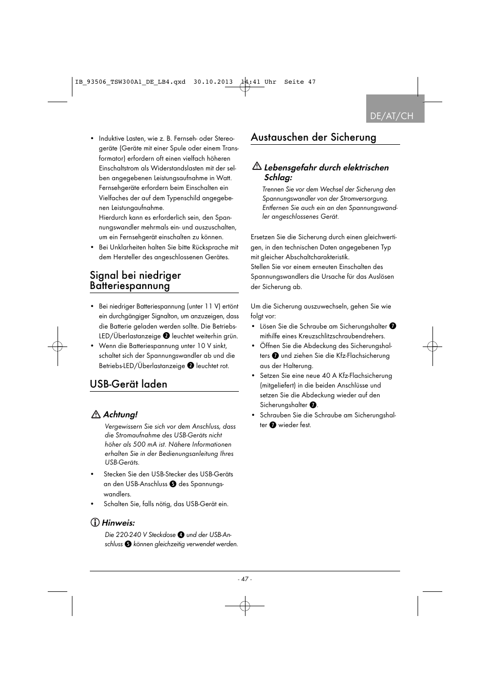 Signal bei niedriger batteriespannung, Usb-gerät laden, Austauschen der sicherung | De/at/ch | Tronic TSW 300 A1 User Manual | Page 50 / 53