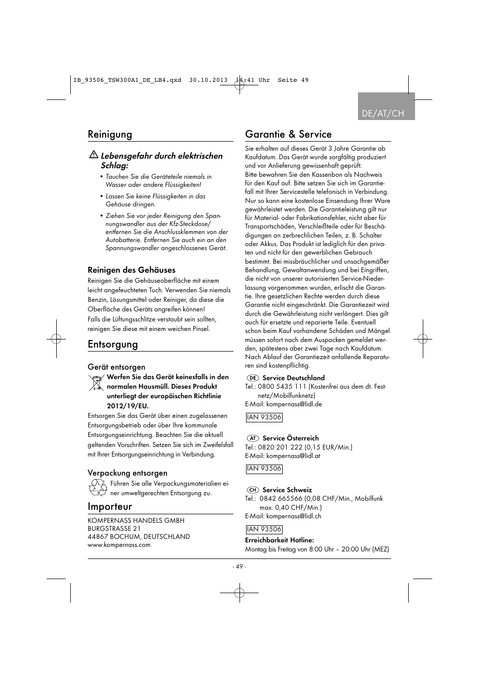 Reinigung, Entsorgung, Importeur | Garantie & service, De/at/ch | Tronic TSW 300 A1 User Manual | Page 52 / 53