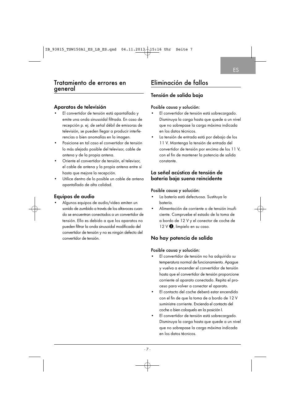 Tratamiento de errores en general, Eliminación de fallos | Tronic TSW 150 A1 User Manual | Page 10 / 33