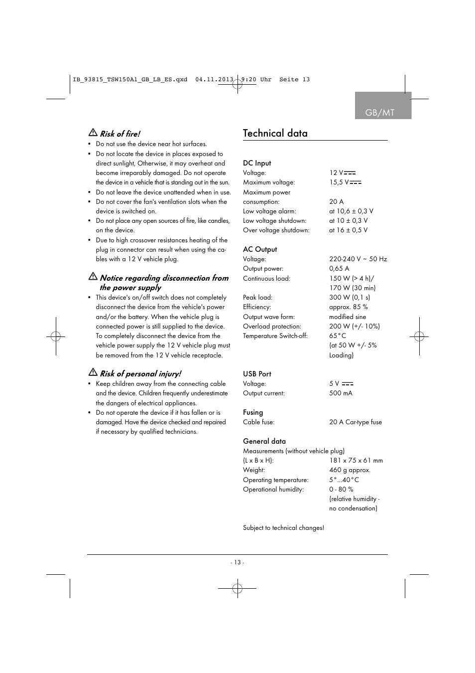 Technical data, Gb/mt, Risk of fire | Risk of personal injury | Tronic TSW 150 A1 User Manual | Page 16 / 33