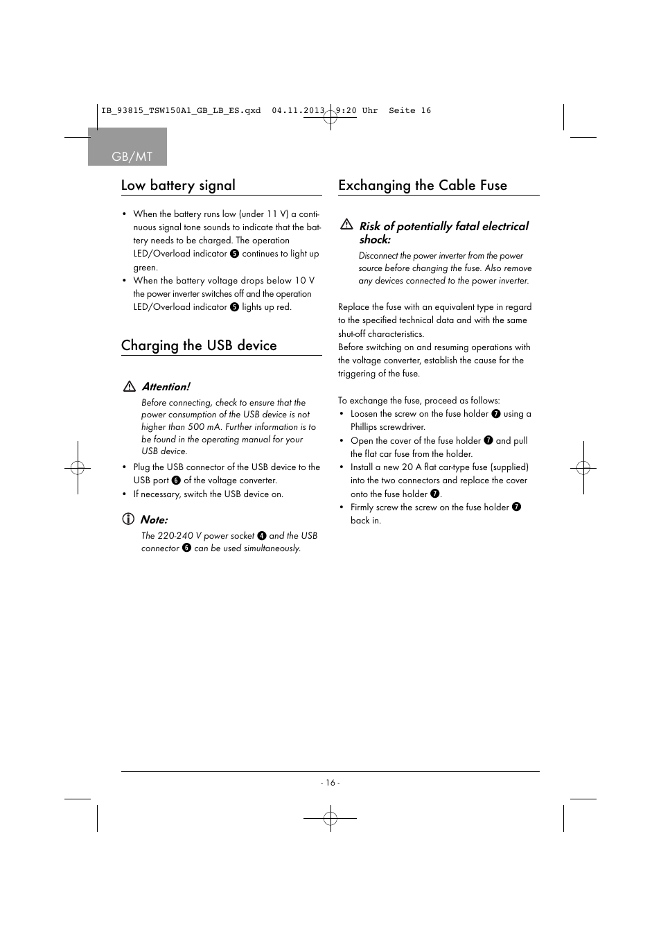 Low battery signal, Charging the usb device, Exchanging the cable fuse | Gb/mt | Tronic TSW 150 A1 User Manual | Page 19 / 33