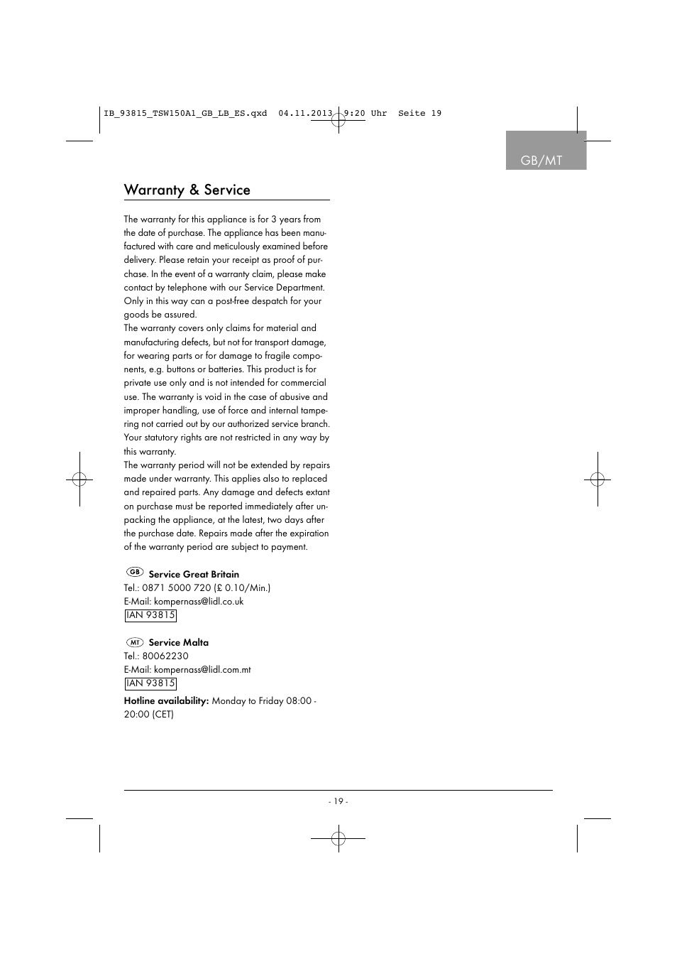 Warranty & service, Gb/mt | Tronic TSW 150 A1 User Manual | Page 22 / 33