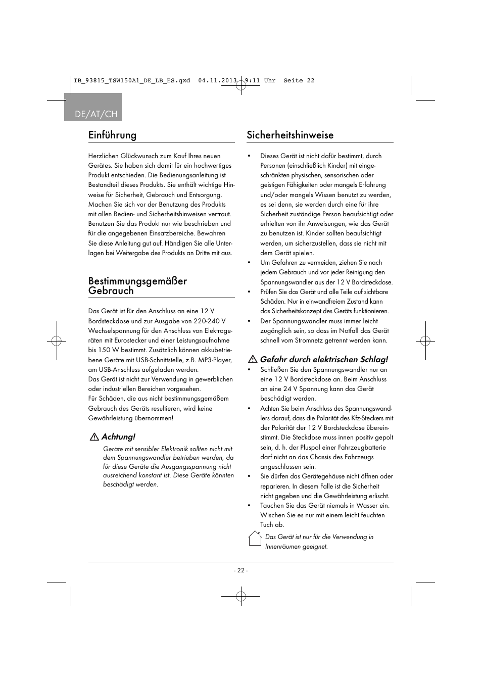 Einführung, Bestimmungsgemäßer gebrauch, Sicherheitshinweise | De/at/ch | Tronic TSW 150 A1 User Manual | Page 25 / 33