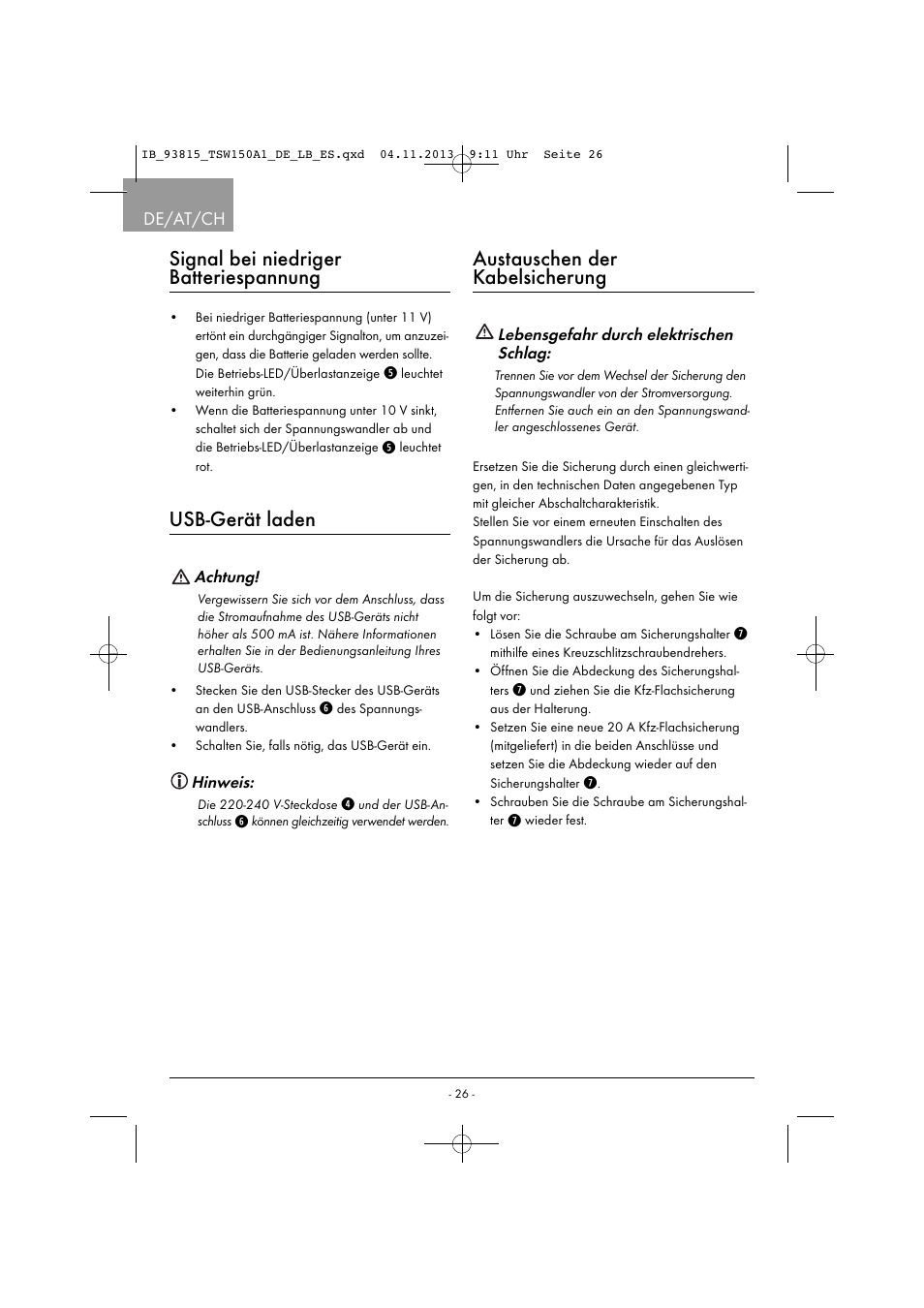 Signal bei niedriger batteriespannung, Usb-gerät laden, Austauschen der kabelsicherung | De/at/ch | Tronic TSW 150 A1 User Manual | Page 29 / 33