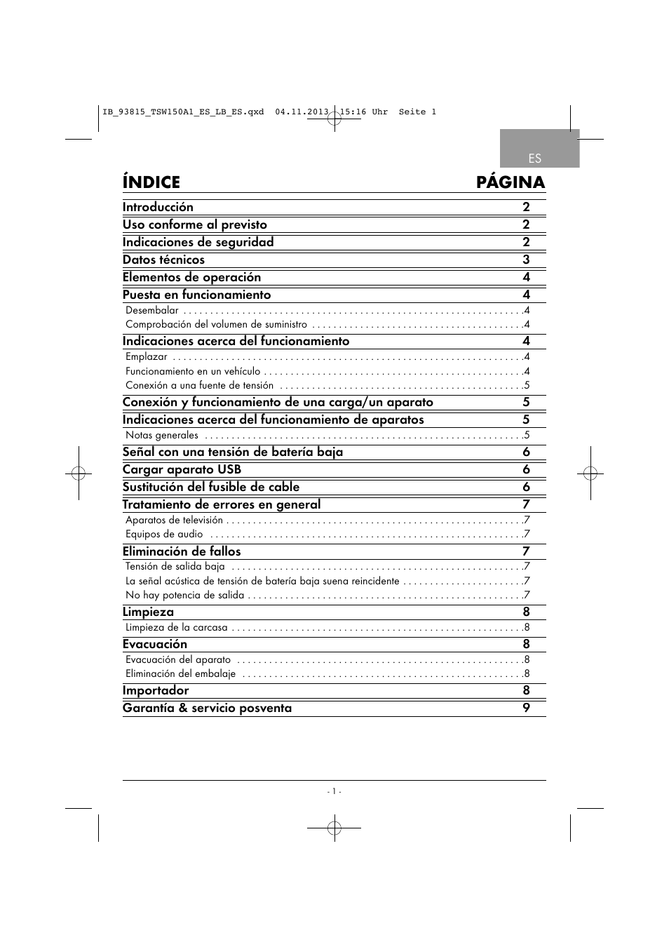 Índice página | Tronic TSW 150 A1 User Manual | Page 4 / 33