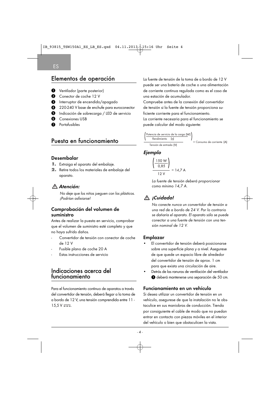 Elementos de operación, Puesta en funcionamiento, Indicaciones acerca del funcionamiento | Tronic TSW 150 A1 User Manual | Page 7 / 33