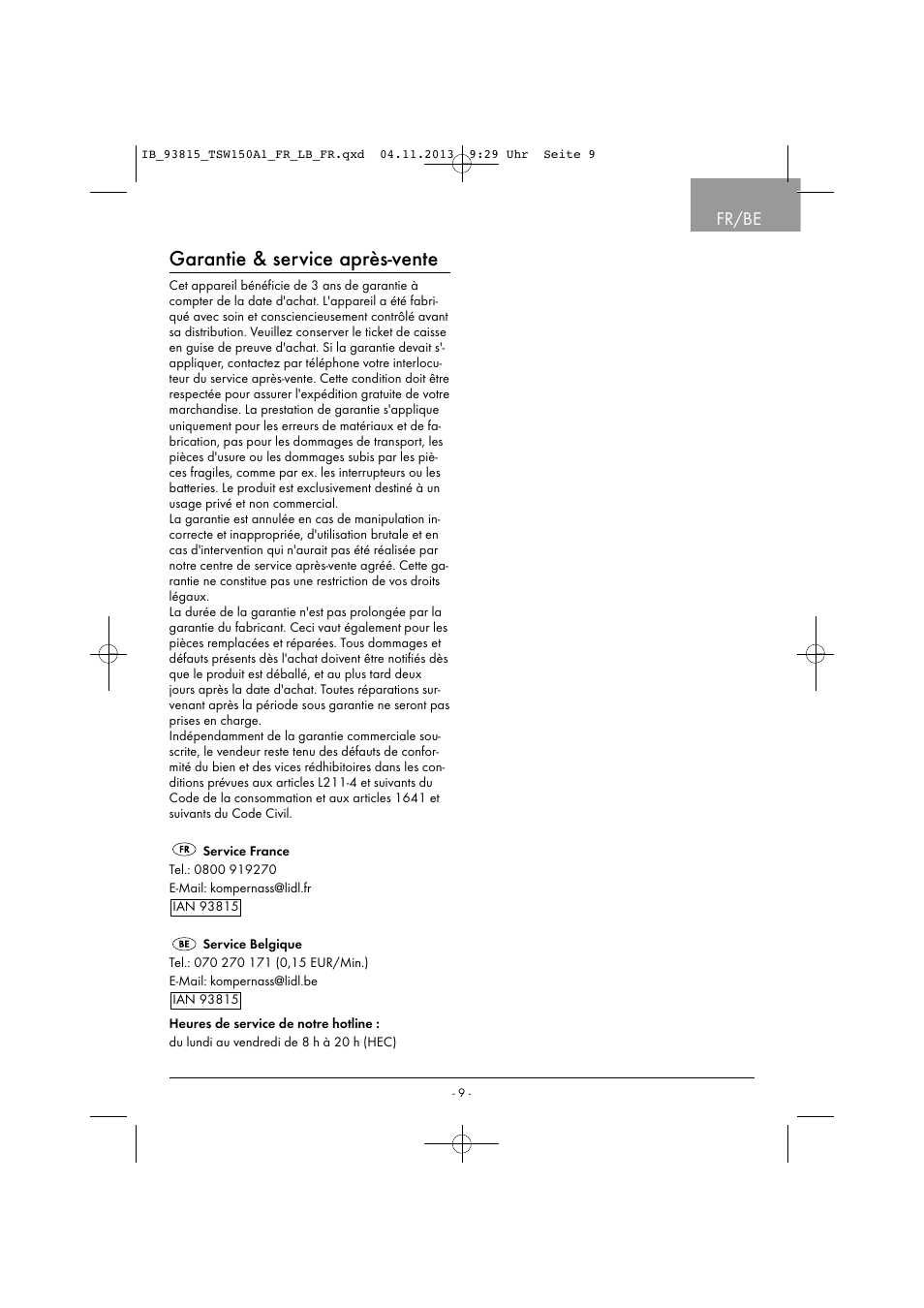 Garantie & service après-vente, Fr/be | Tronic TSW 150 A1 User Manual | Page 12 / 33