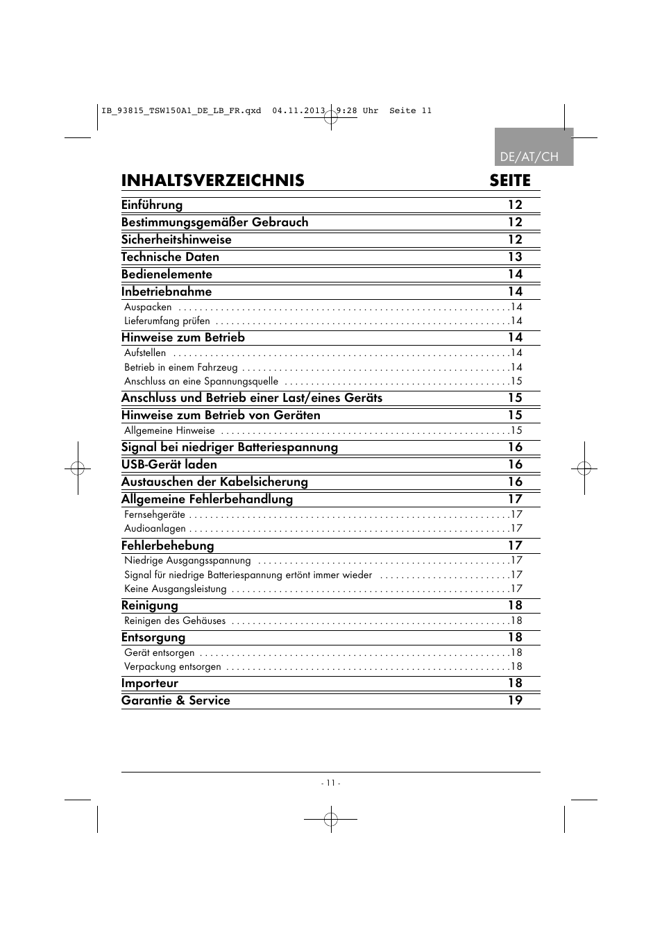 Inhaltsverzeichnis seite | Tronic TSW 150 A1 User Manual | Page 14 / 33
