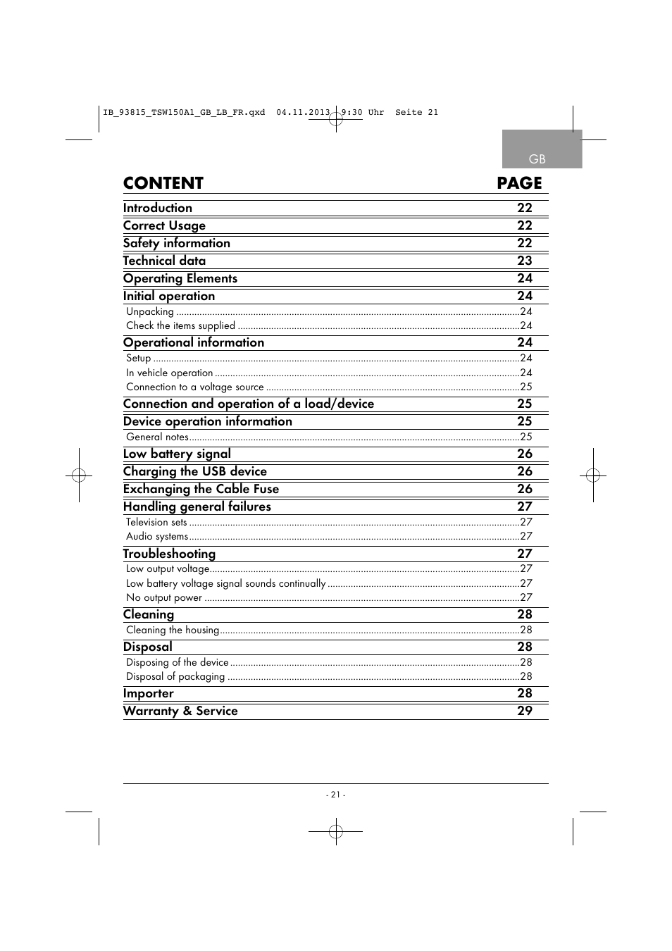 Content page | Tronic TSW 150 A1 User Manual | Page 24 / 33
