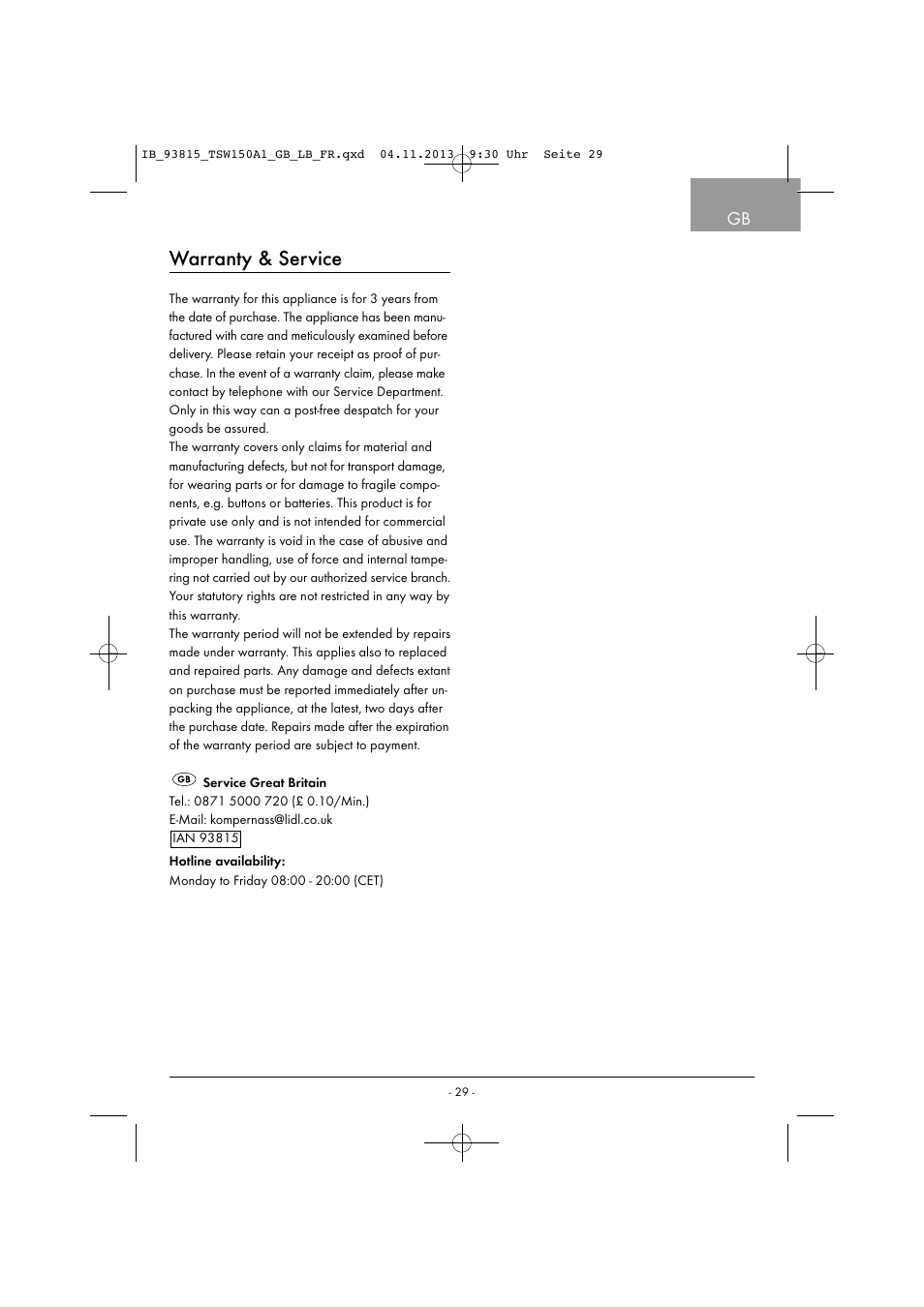 Warranty & service | Tronic TSW 150 A1 User Manual | Page 32 / 33