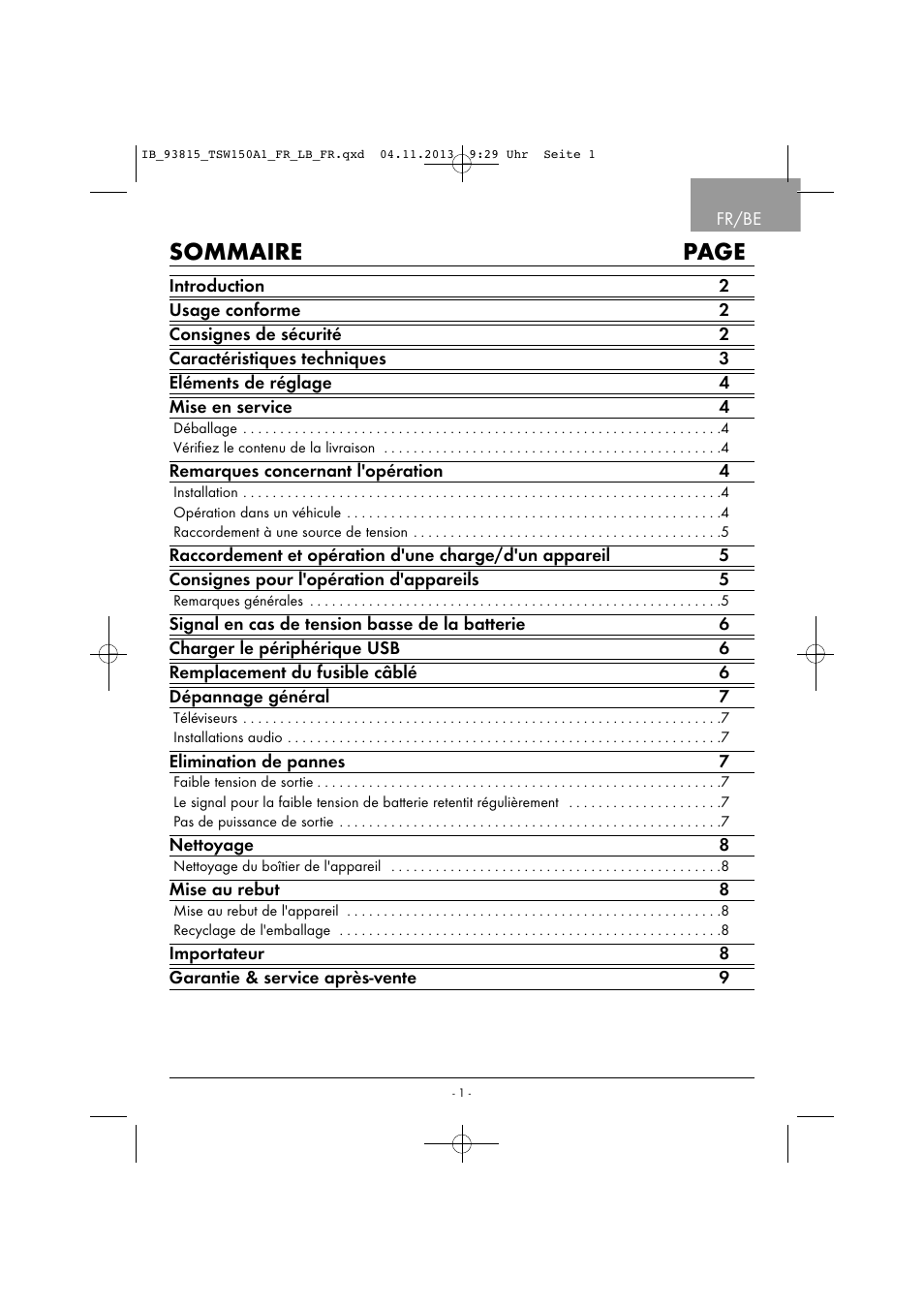 Sommaire page | Tronic TSW 150 A1 User Manual | Page 4 / 33