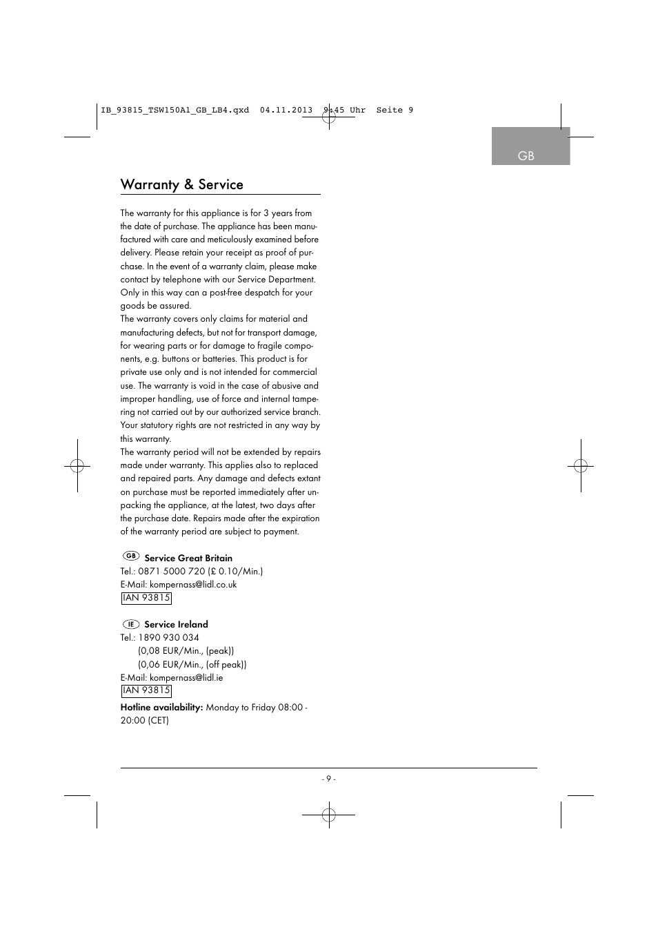 Warranty & service | Tronic TSW 150 A1 User Manual | Page 12 / 63