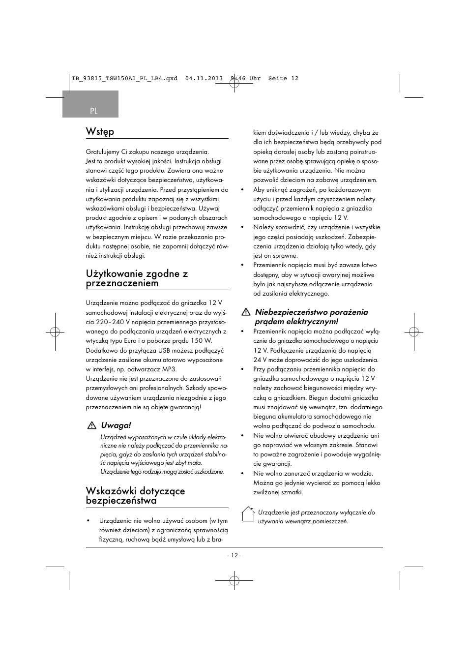 Wstęp, Użytkowanie zgodne z przeznaczeniem, Wskazówki dotyczące bezpieczeństwa | Tronic TSW 150 A1 User Manual | Page 15 / 63