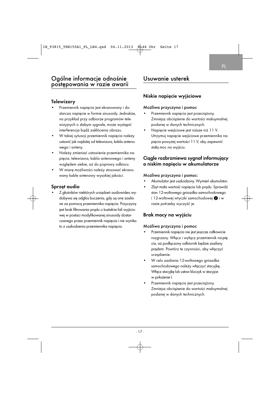 Usuwanie usterek | Tronic TSW 150 A1 User Manual | Page 20 / 63