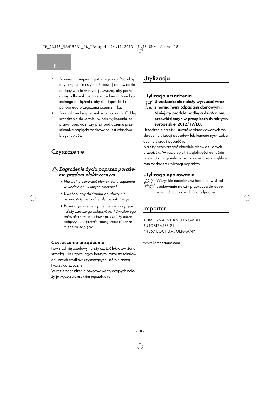 Czyszczenie, Utylizacja, Importer | Tronic TSW 150 A1 User Manual | Page 21 / 63