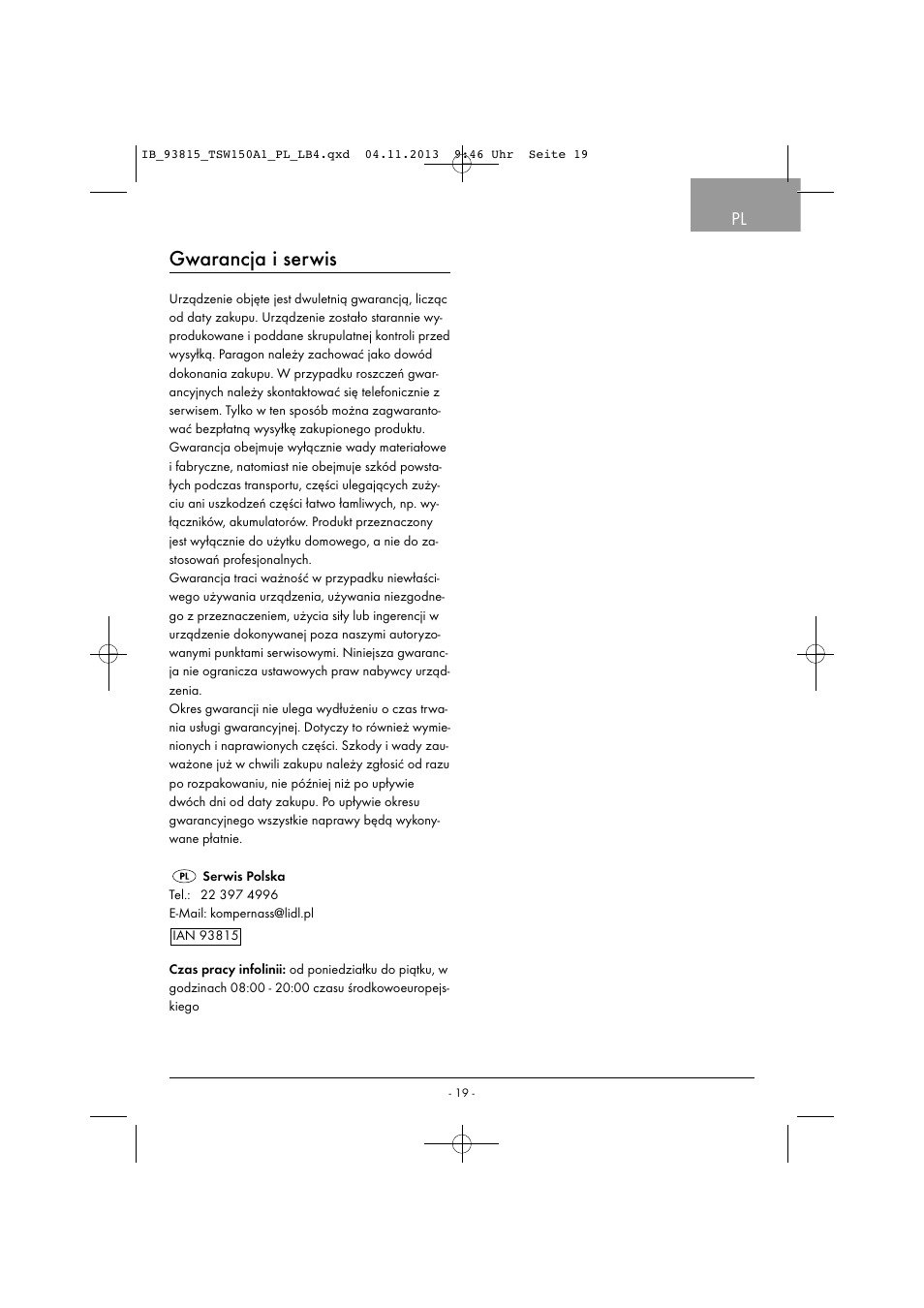 Gwarancja i serwis | Tronic TSW 150 A1 User Manual | Page 22 / 63