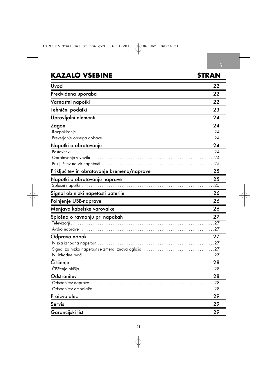 Kazalo vsebine stran | Tronic TSW 150 A1 User Manual | Page 24 / 63