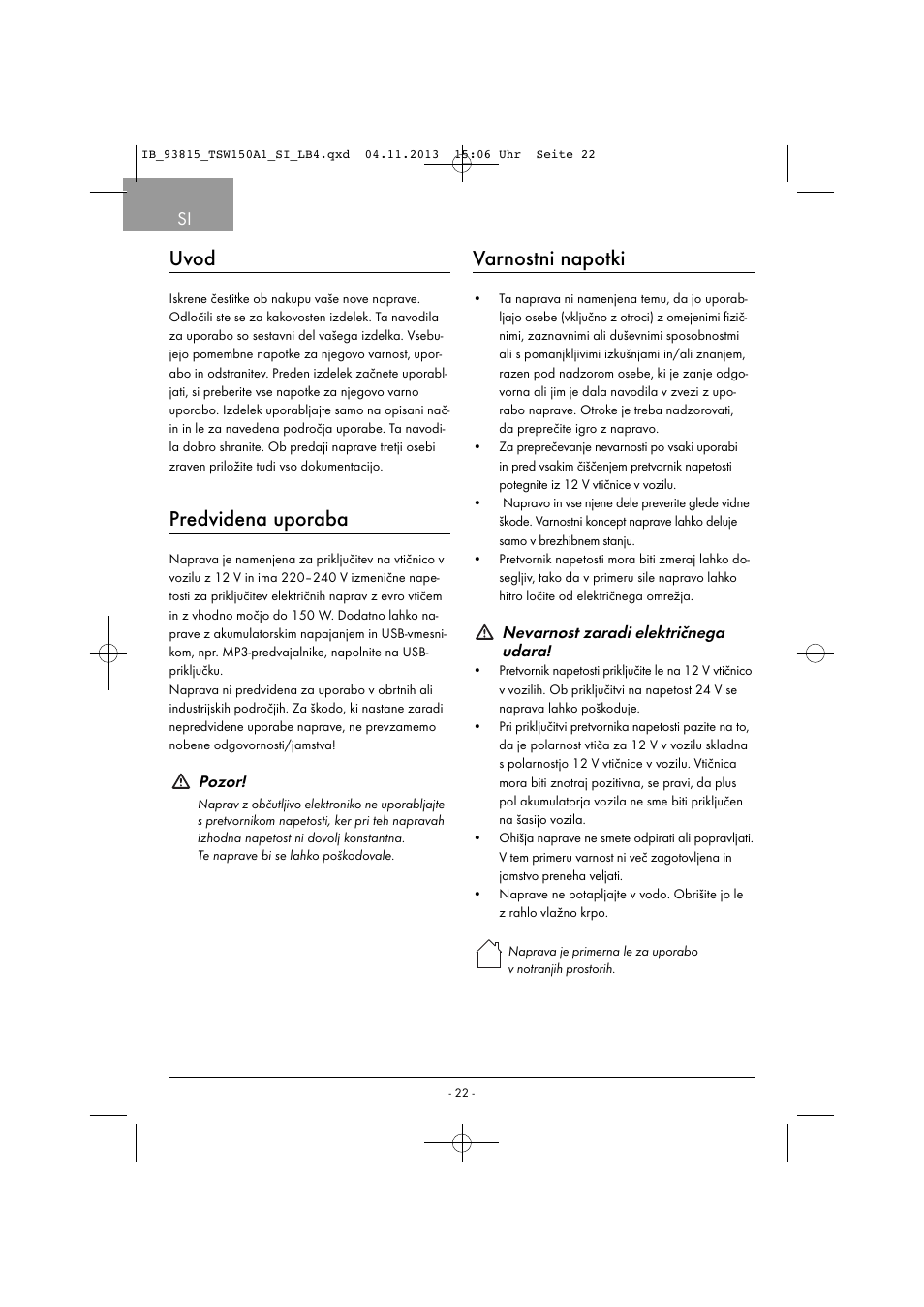 Uvod, Predvidena uporaba, Varnostni napotki | Tronic TSW 150 A1 User Manual | Page 25 / 63