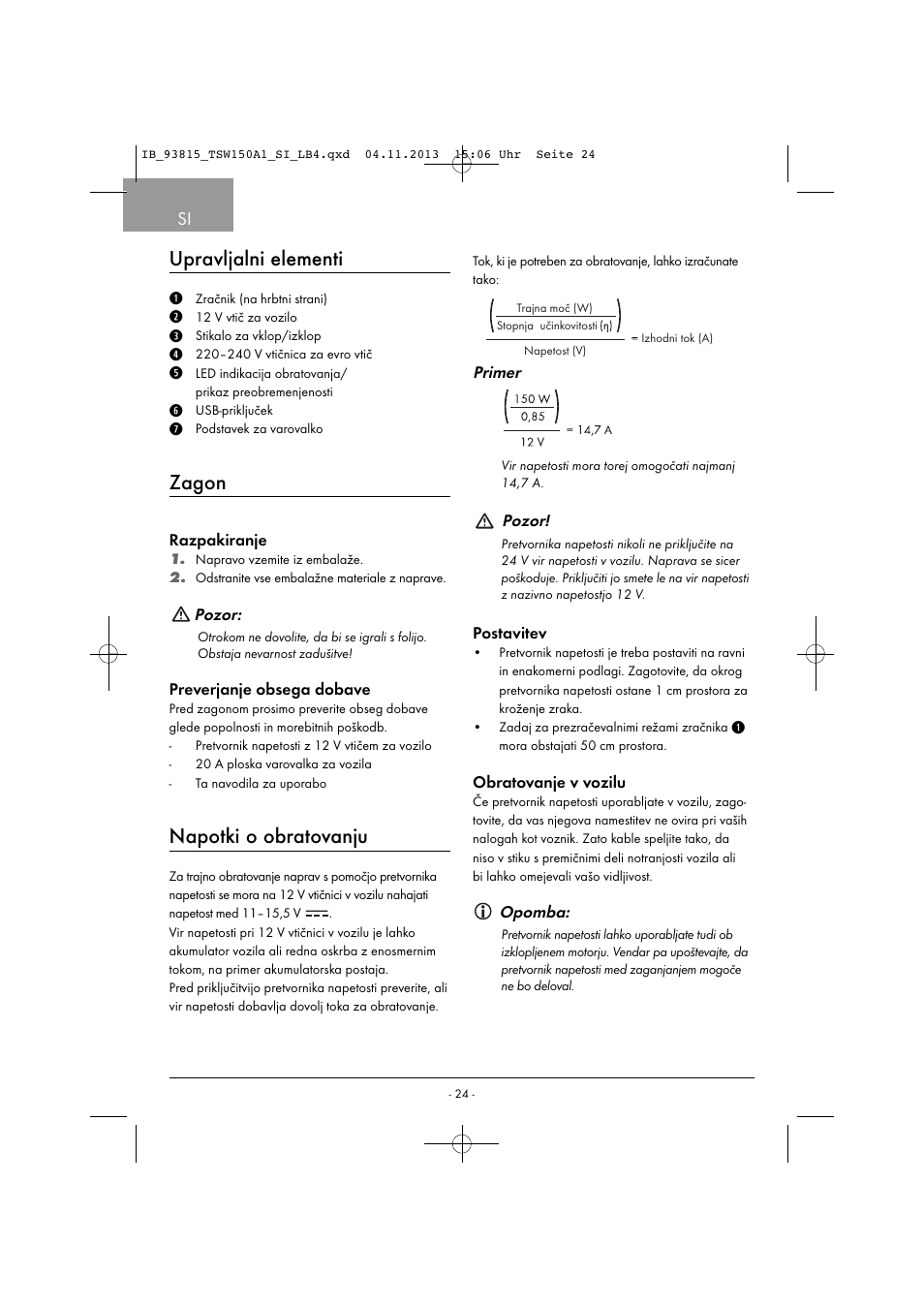 Upravljalni elementi, Zagon, Napotki o obratovanju | Tronic TSW 150 A1 User Manual | Page 27 / 63