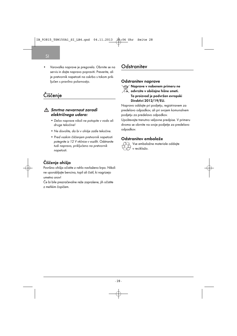 Čiščenje, Odstranitev | Tronic TSW 150 A1 User Manual | Page 31 / 63