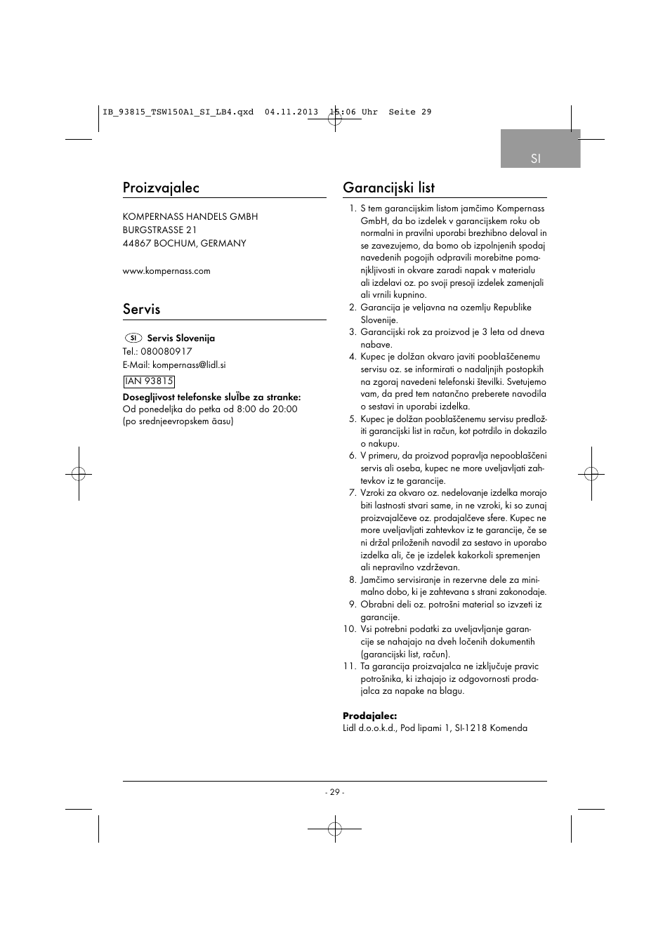 Proizvajalec, Servis, Garancijski list | Tronic TSW 150 A1 User Manual | Page 32 / 63