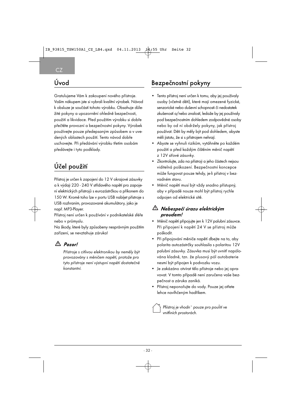 Úvod, Účel použití, Bezpečnostní pokyny | Tronic TSW 150 A1 User Manual | Page 35 / 63