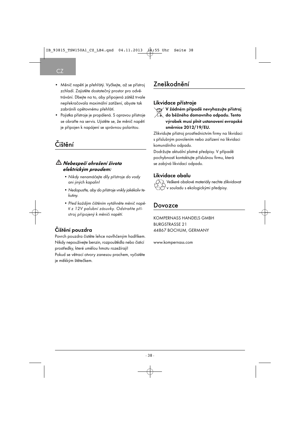 Čištění, Zneškodnění, Dovozce | Tronic TSW 150 A1 User Manual | Page 41 / 63