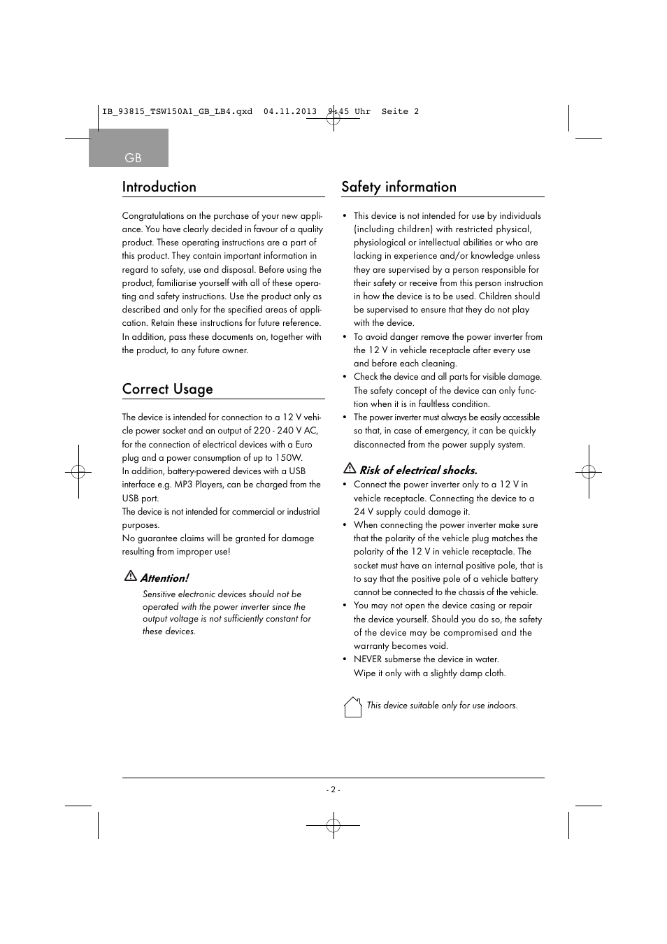 Introduction, Correct usage, Safety information | Tronic TSW 150 A1 User Manual | Page 5 / 63