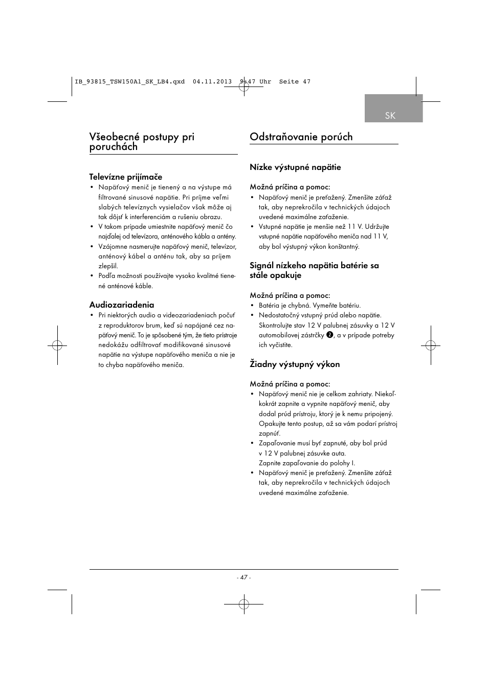 Všeobecné postupy pri poruchách, Odstraňovanie porúch | Tronic TSW 150 A1 User Manual | Page 50 / 63