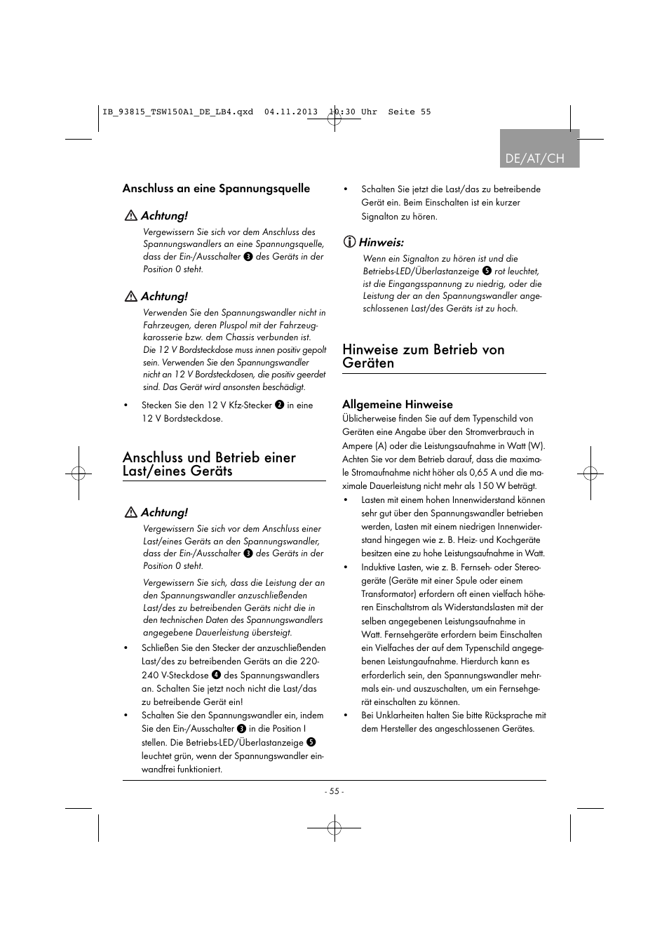Anschluss und betrieb einer last/eines geräts, Hinweise zum betrieb von geräten, De/at/ch | Tronic TSW 150 A1 User Manual | Page 58 / 63