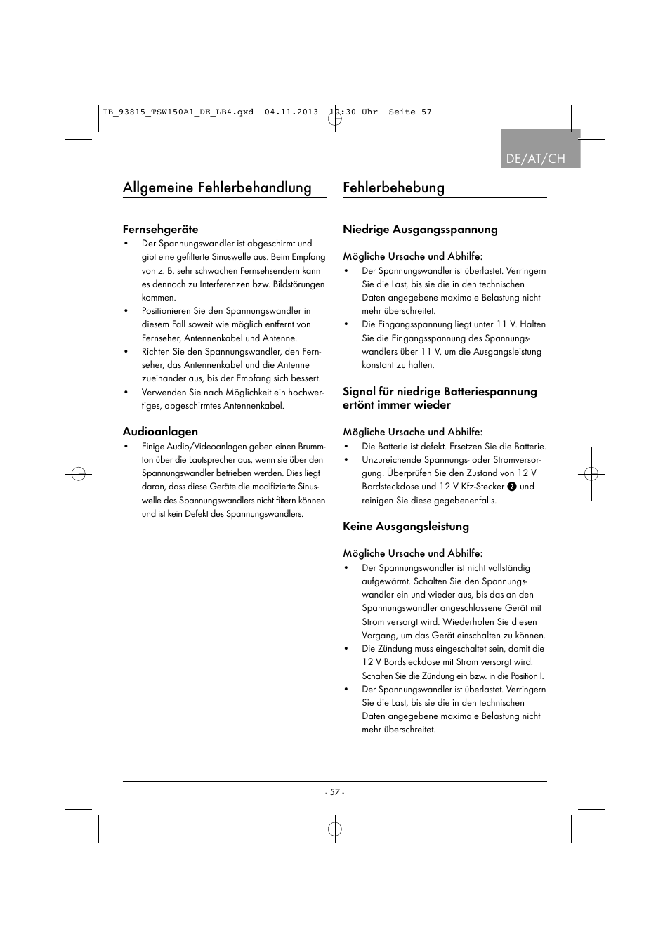 Allgemeine fehlerbehandlung, Fehlerbehebung, De/at/ch | Fernsehgeräte, Audioanlagen, Niedrige ausgangsspannung, Keine ausgangsleistung | Tronic TSW 150 A1 User Manual | Page 60 / 63