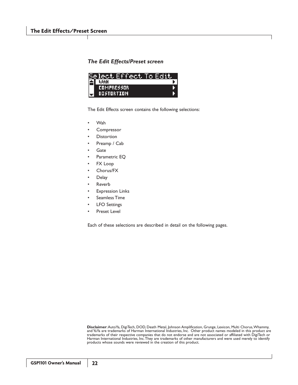 The edit effects/preset screen | DigiTech GSP1101 User Manual | Page 28 / 64